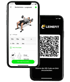 Two iPhones display a fitness app: one shows "Bankdrücken - Langhantel" with a bench press illustration and workout details, the other shows a QR code with "LEINEFIT" logo and "Scanne den QR-Code um Dich einzuchecken."