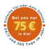 Oranger Kreis mit Text: "Bei uns nur 75€ in Kiel. Einfache Tür oder Auto Öffnung 24/7 und 365 Tage im Jahr." Unser angebot um Menschen wirklich zu helfen.