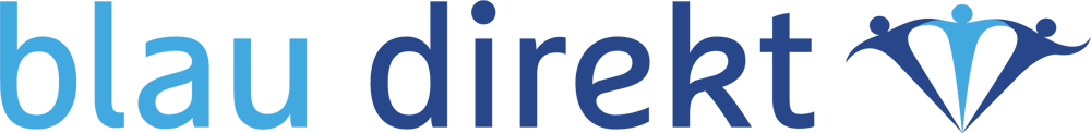 Das Logo zeigt den Text "blau direkt" in zwei Blautönen, gefolgt von zwei stilisierten Figuren.
