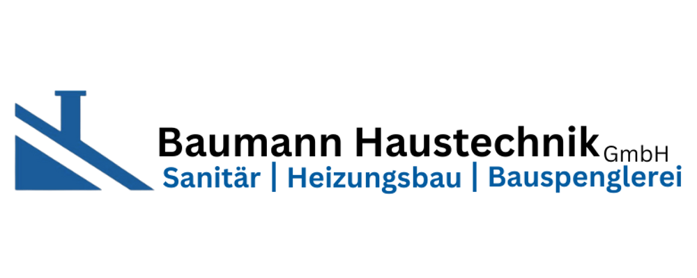 Baumann Haustechnik GmbH Logo mit blauem Dachsymbol, darunter die Worte "Sanitär | Heizungsbau | Bauspenglerei".