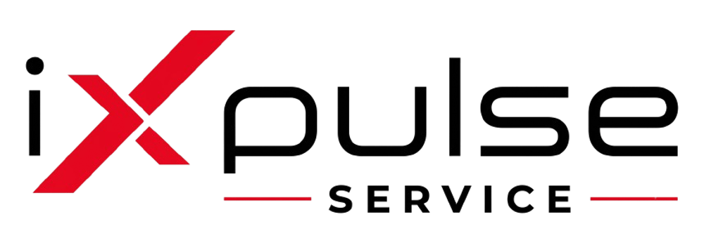 Logo der ixpulse SERVICE GmbH mit einem markanten roten X und schwarzem Schriftzug auf weißem Hintergrund.
