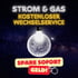 Neon-Text: "STROM & GAS KOSTENLOSER WECHSELSERVICE". Glühbirne im Weltraum, die eine Diskokugel beleuchtet. Roter Text: "SPARE SOFORT GELD!" mit einem Mausklick-Symbol.