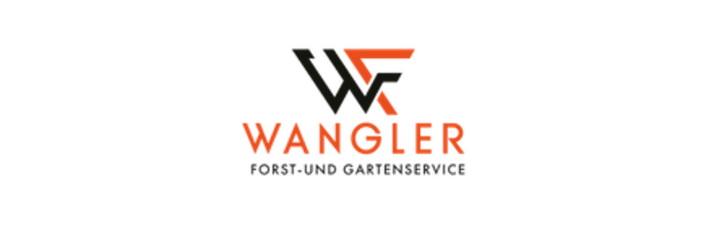 Logo von Wangler Forst- und Gartenservice mit stilisierten Buchstaben WF in Schwarz und Orange auf dunklem Grund.