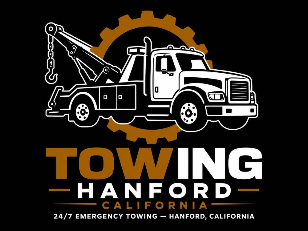 Tow truck logo for Towing Hanford California, featuring a wrecker in front of a gear with 24/7 emergency service text.