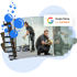 Zwei Reinigungskräfte von SITO Gebäudereinigung arbeiten in einem Büro, mit „Google Rating 4.8 Sterne“ und blauen Blasen.