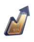 Ein transparenter, aufsteigender Pfeil mit goldener Füllung und der Aufschrift 93 Prozent auf schwarzem Hintergrund.