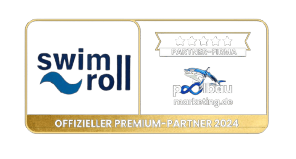 Swimroll und Poolbau Marketing Logos, "Offizieller Premium-Partner 2024" Banner.