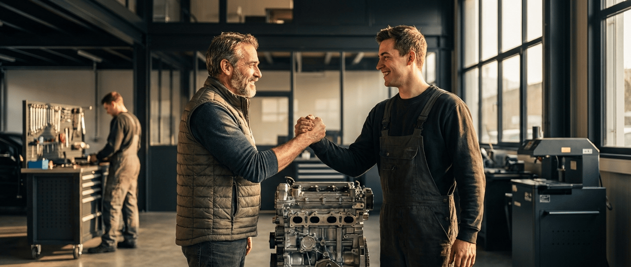 Garagist begrüsst einen neuen Mitarbeiter in der Werkstatt