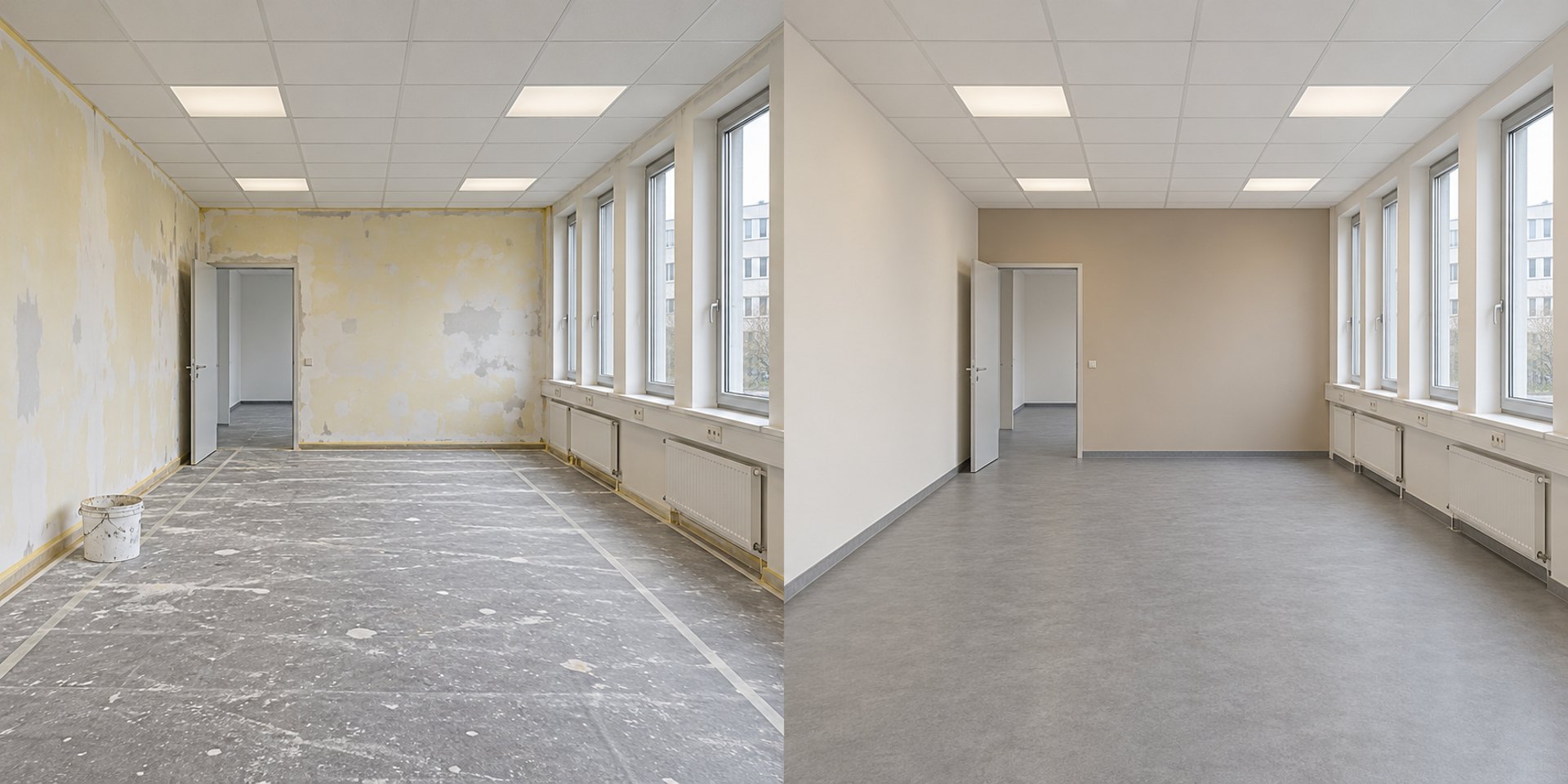 Büroraum vor der Renovierung und mit hellen Wänden nach der Gestaltung – Visualisierung
