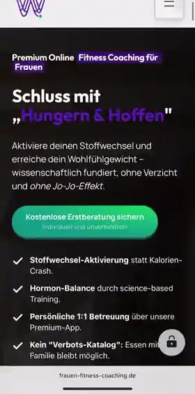 Bildschirmaufnahme der Webseite Frauen-Fitness-Coaching auf dem Handy