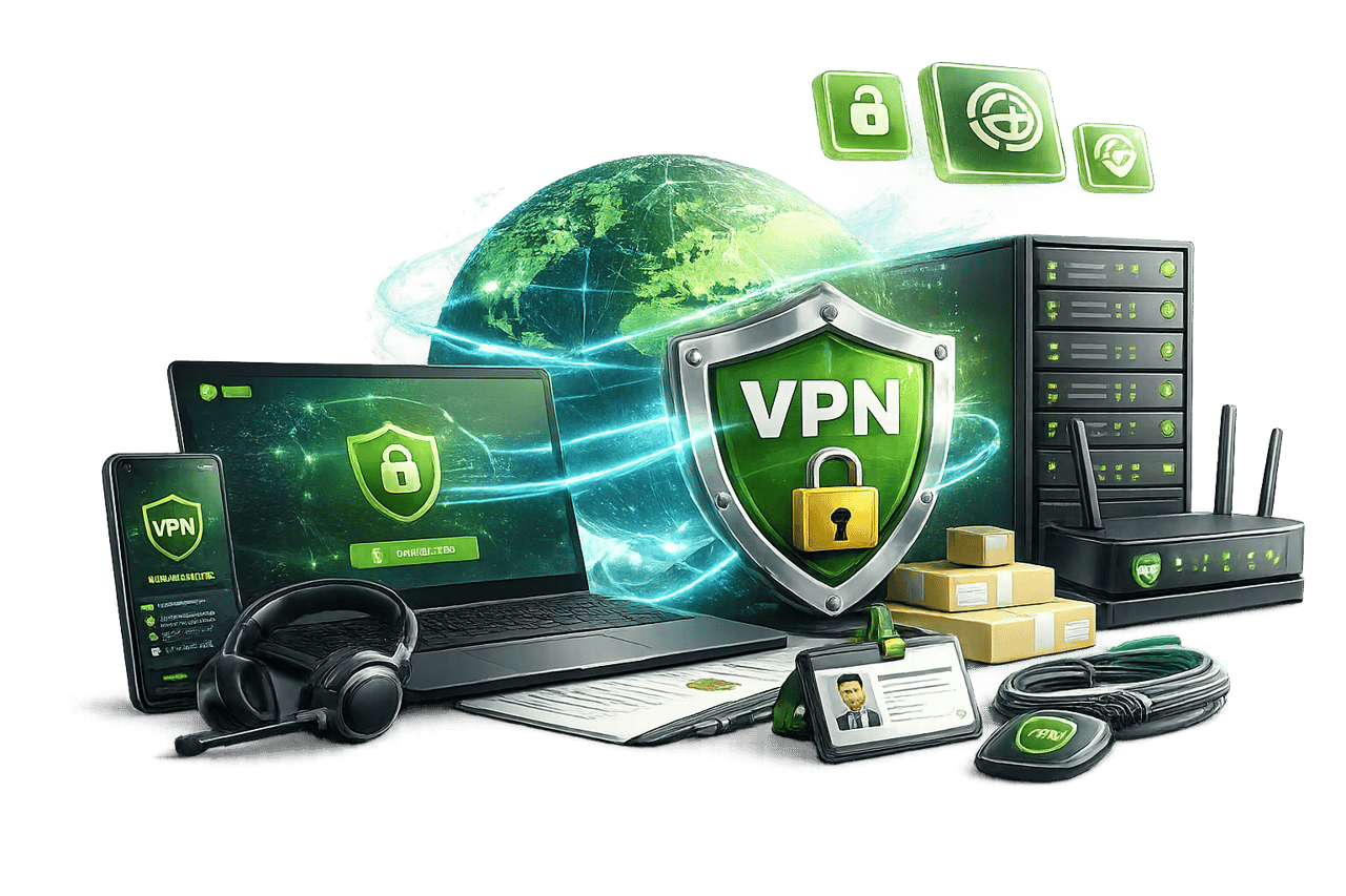 VPN-Schild mit Vorhängeschloss vor Laptop, Server, Router und Weltkugel als Sinnbild für verschlüsselte Verbindungen zwischen Standorten