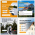 Vier Werbegrafiken für Spreewald Energy zu Photovoltaikanlagen auf Hausdächern mit Texten zu Beratung und Montage.