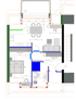 Grundriss einer Wohnung mit Möbeln, Maßen und Beschriftungen wie Kleiderschrank, Bett, Sofa, Waschtisch und Garderobenschrank.