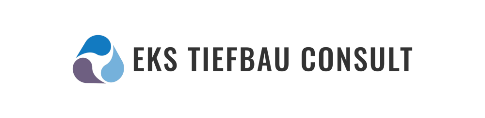 Logo mit drei sich überlappenden, tropfenförmigen Elementen in Blau und Lila neben dem Text "EKS TIEFBAU CONSULT".