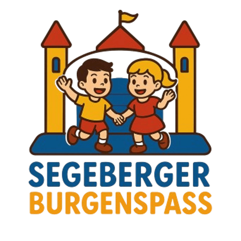 Zwei Kinder tanzen vor einer Hüpfburg, darunter der Text "SEGEBERGER BURGENSPASS".
