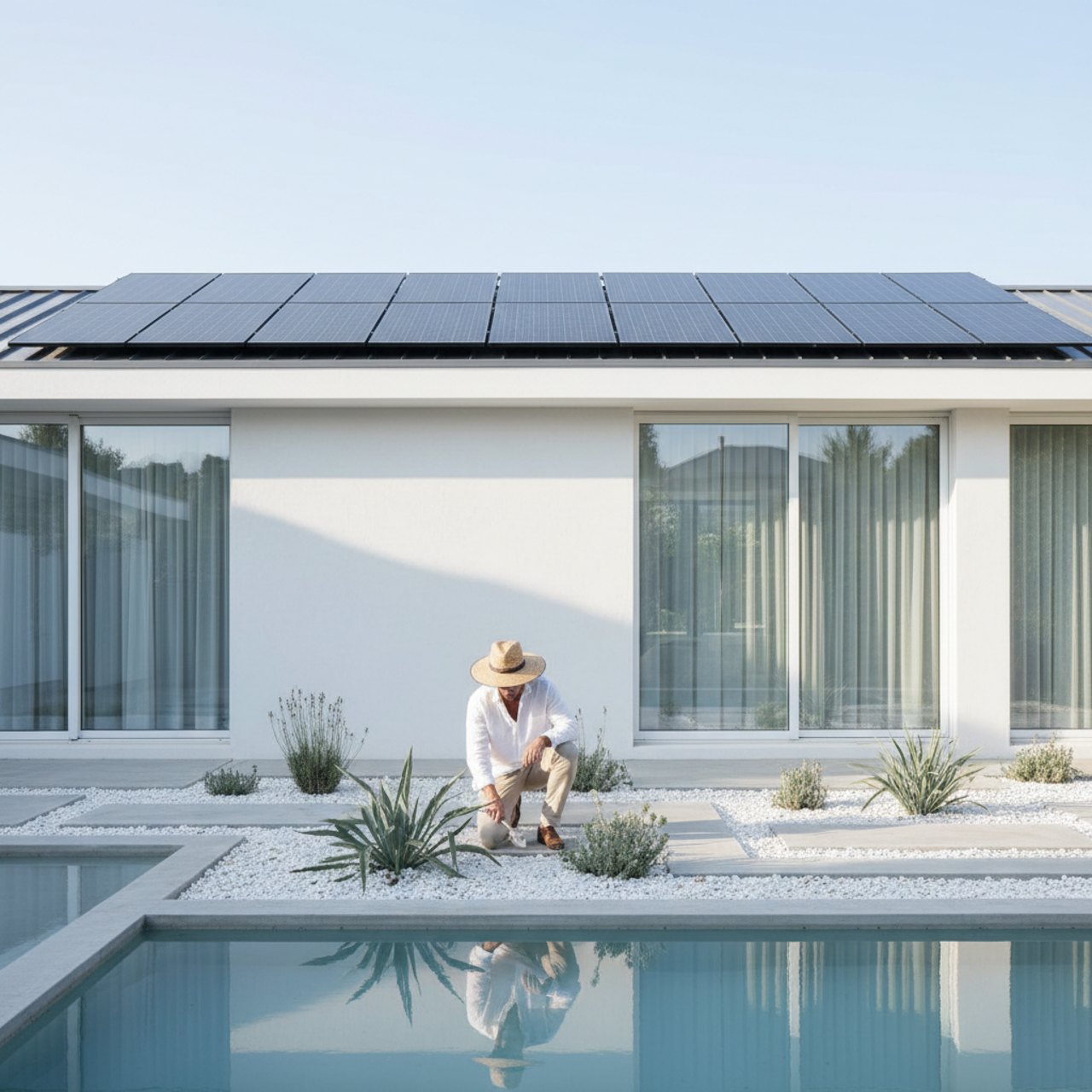 Modernes Einfamilienhaus mit Photovoltaikanlage auf dem Dach