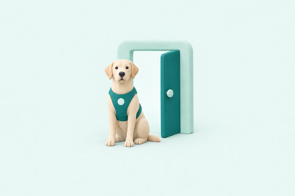 Illustration: Assistenzhund mit Kenndecke sitzt neben einer offenen Haustür