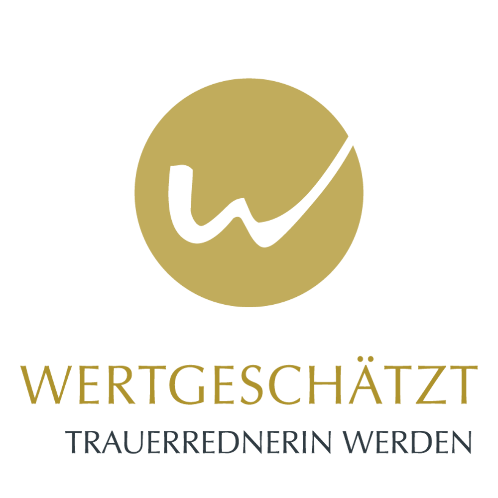 Goldener Kreis mit stilisiertem "W" auf dunkelgrünem Grund, darunter "WERTGESCHÄTZT TRAUERREDNERIN WERDEN".