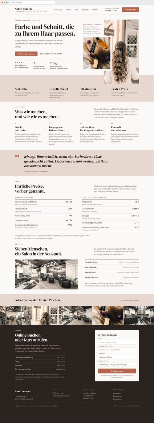Beispielentwurf für die Website eines Friseursalons