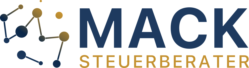 Logo: "MACK" in Dunkelblau, darunter "STEUERBERATER" in Gold. Links eine gold-dunkelblaue Punkt-Linien-Grafik.