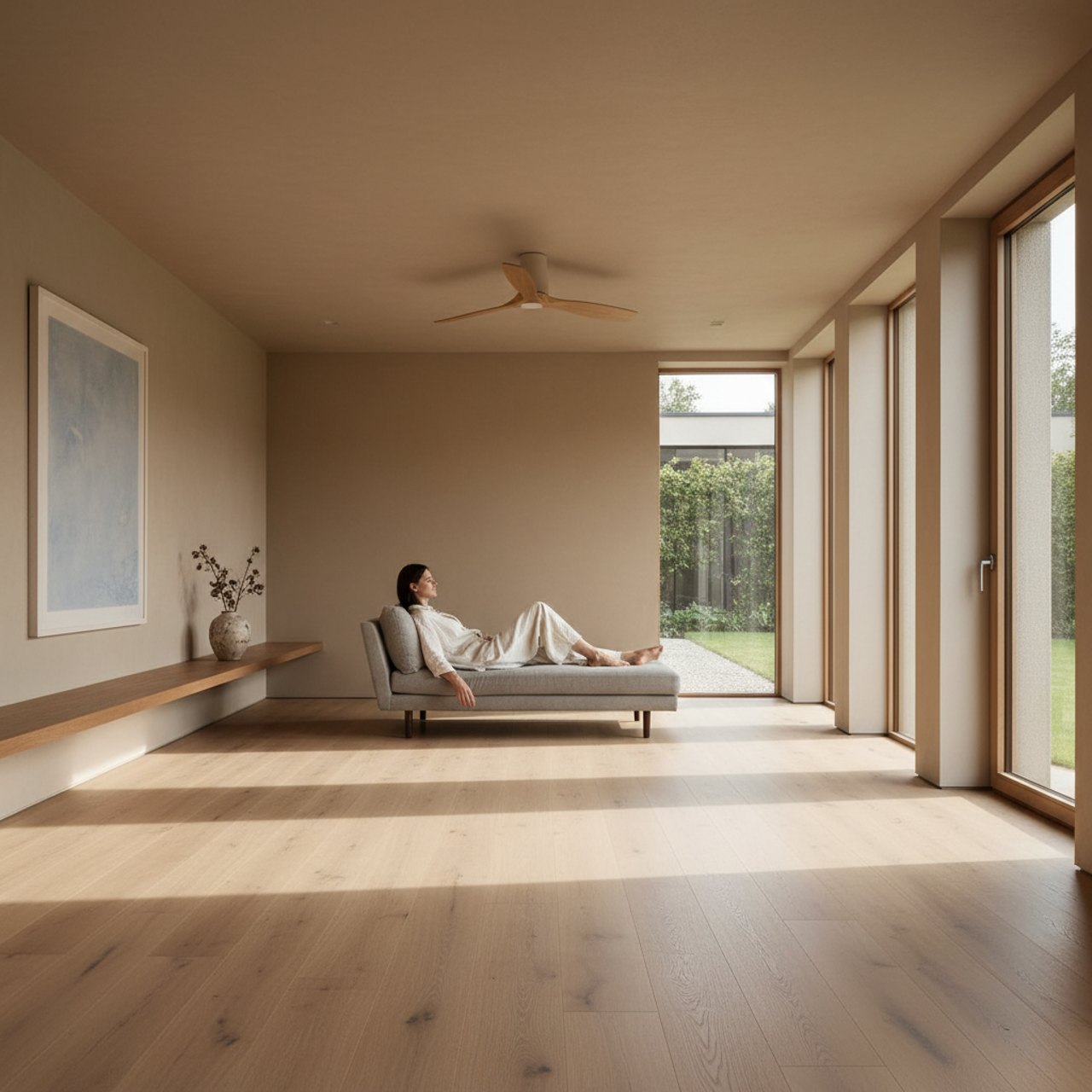 Moderner Designboden in Eiche-Optik in einem hellen Wohnraum