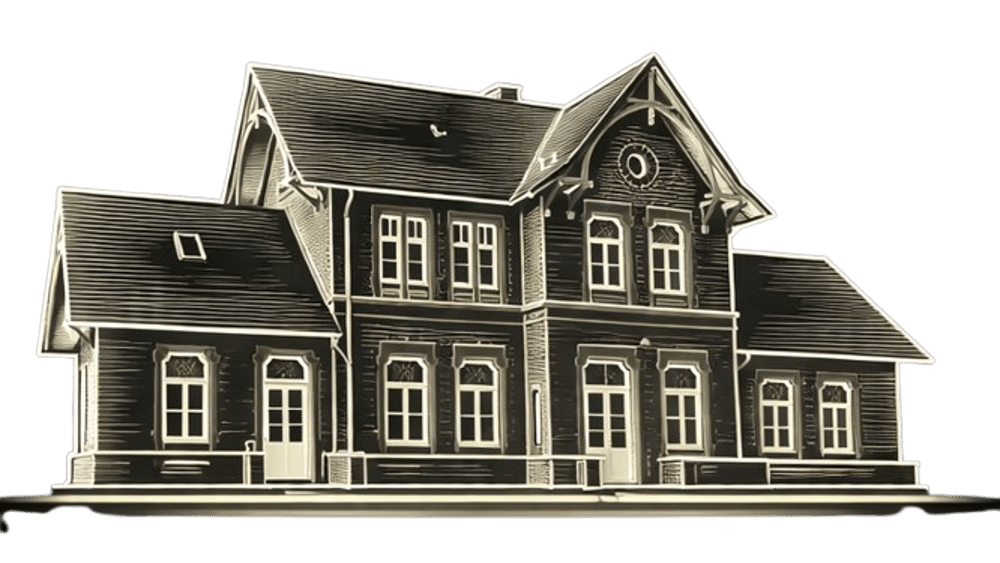 Traditionelles zweistöckiges Haus mit Spitzdach, mehreren Fenstern und zwei Seitenerkern, sepiafarben.
