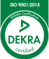 Grünes DEKRA Certification Siegel für ISO 9001:2015 Zertifizierung mit dem Schriftzug DEKRA certified auf schwarzem Grund.