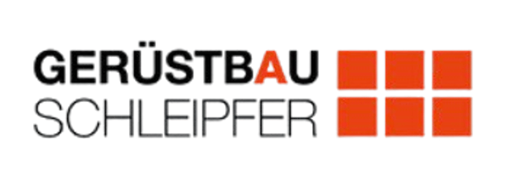 Logo von GERÜSTBAU SCHLEIPFER mit orangefarbenem A und sechs orangefarbenen Quadraten.