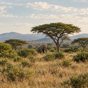 A small elephant under acacia trees on the savanna