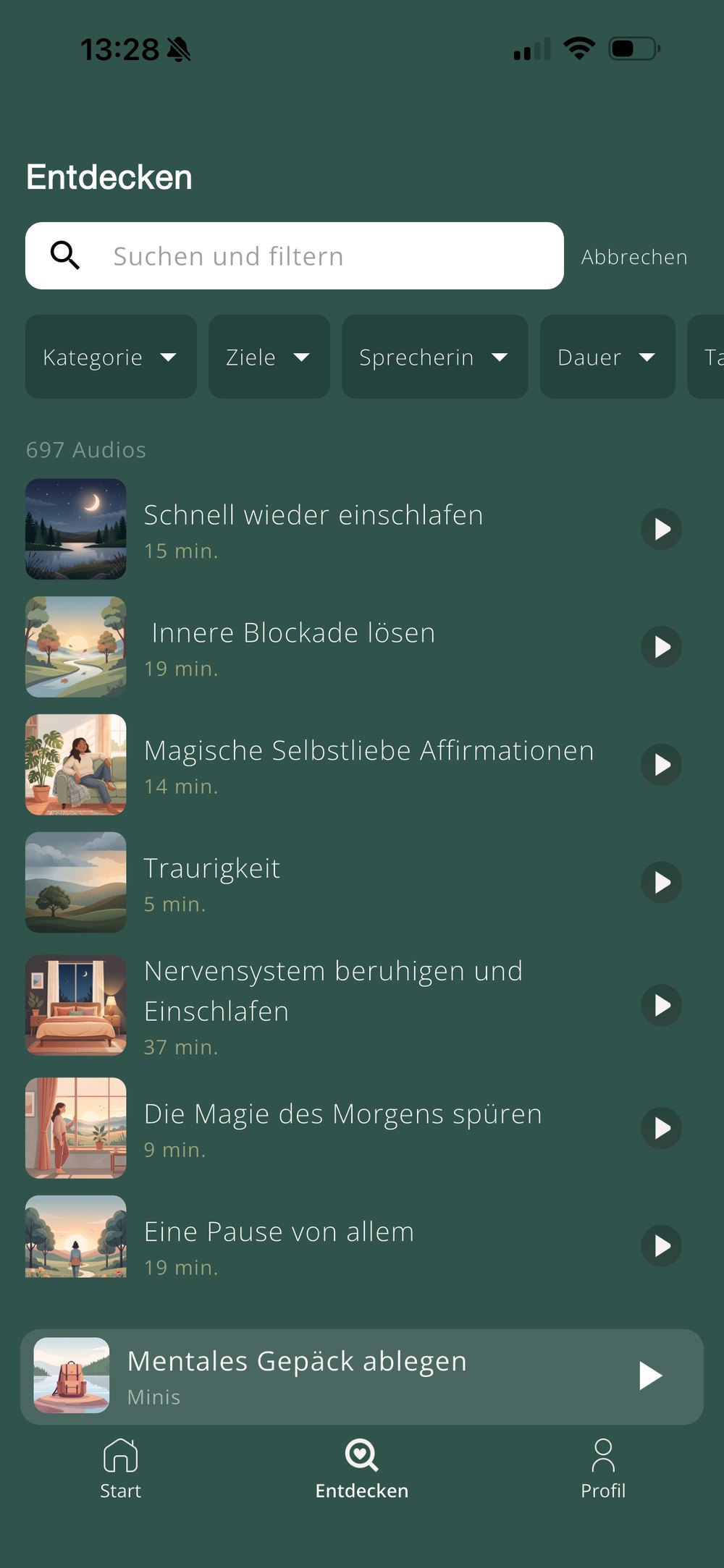 Suche und Filter über alle Audios