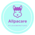 Rundes Logo mit lila Alpaka-Kopf und Text "Allpacare PFLEGEBERATUNG" auf mintgrünem Hintergrund.