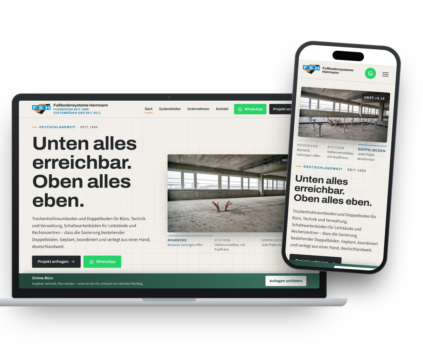 Website von Fußbodensysteme Herrmann auf Laptop und Smartphone, Webdesign-Projekt von Marketing-SG