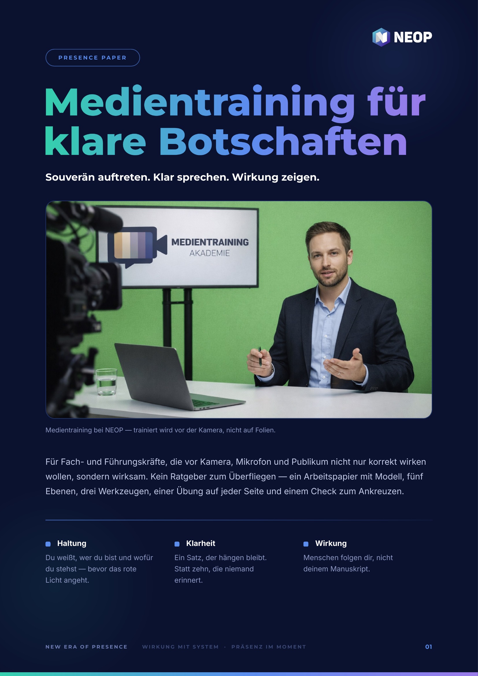 Wer spricht, führt — Titelseite des Presence Papers Medientraining