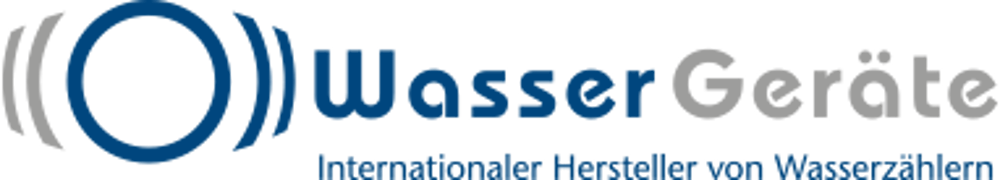 WasserGeräte Logo: Internationaler Hersteller von Wasserzählern mit blau-grauem Wellensymbol auf schwarzem Grund.