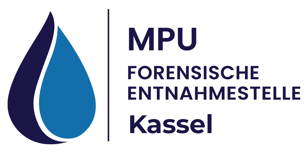 Logo: Zwei blaue Tropfen und der Text "MPU FORENSISCHE ENTNAMMESTELLE Kassel".