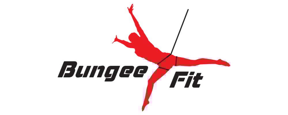 Rote Silhouette einer Frau in einem Bungee-Fitness-Gurt mit der Aufschrift „Bungee Fit“.