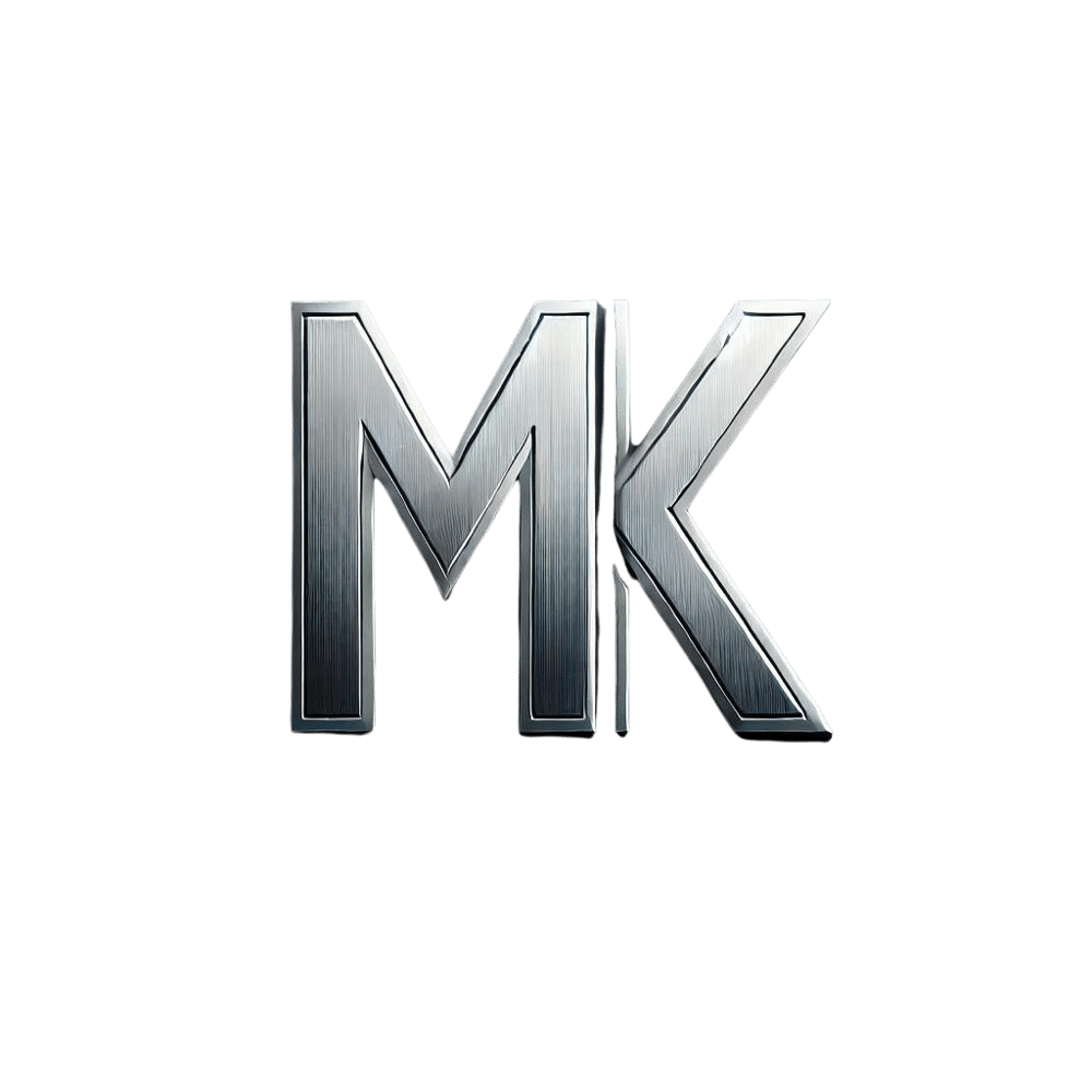 Silberfarbene, metallische Buchstaben "MK" auf dunklem Hintergrund. Das Logo von der Firma Marc Kau Werbetete