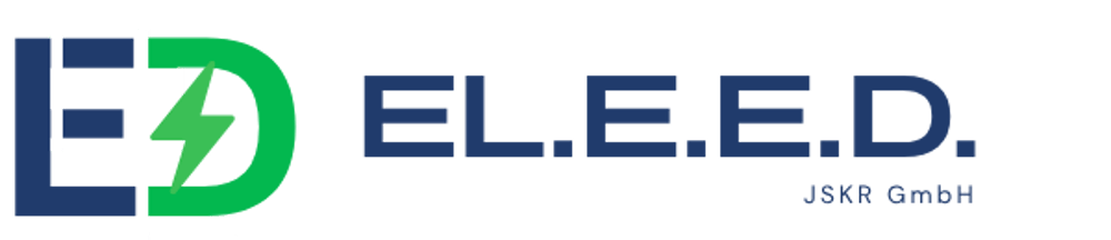 Logo der EL.E.E.D. JSKR GmbH mit einem grün-blauen ED-Symbol und einem Blitz auf schwarzem Hintergrund.