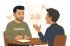 Zwei Männer im Gespräch über ein Videoprojekt bei Kopfkino, mit Notizbuch und Icons im Hintergrund