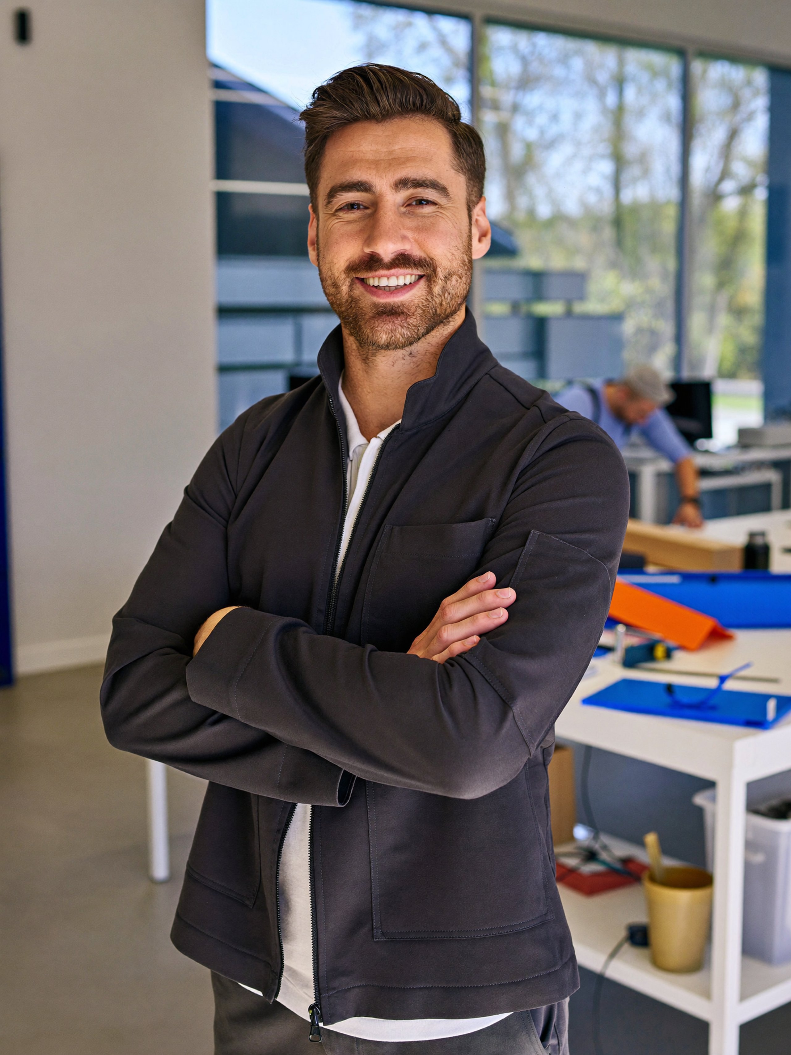Freundlicher Handwerksmeister in moderner Werkstatt