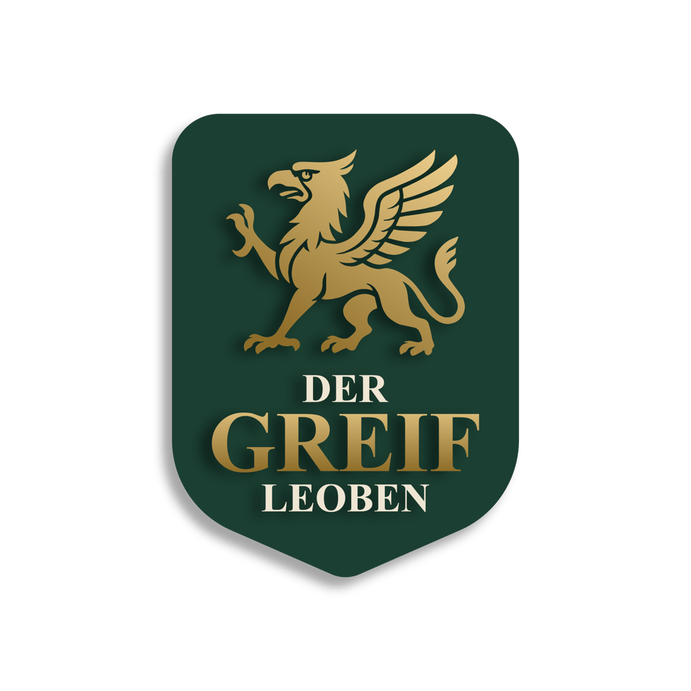 Goldener Greif auf grünem Schild über "DER GREIF" und "LEOBEN".