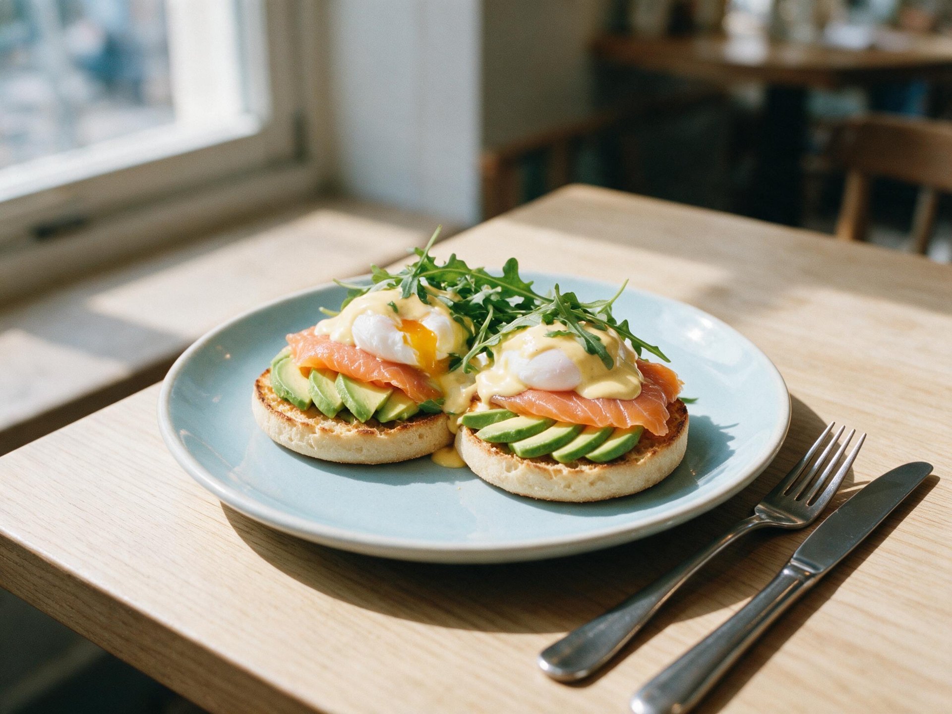 Eggs Benny Verde auf English Muffin mit Avocado, Räucherlachs, Rucola und Hollandaise