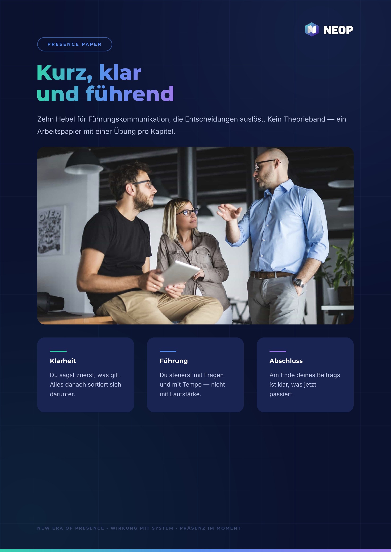 Presence Paper Kurz, klar und führend — Titelseite