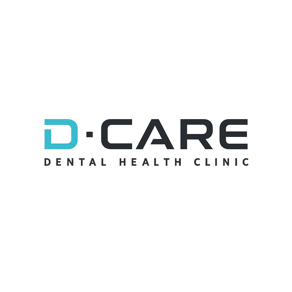 D-Care Dental Health Clinic Logo, dunkelgrau mit grünem "D" und Untertitel.