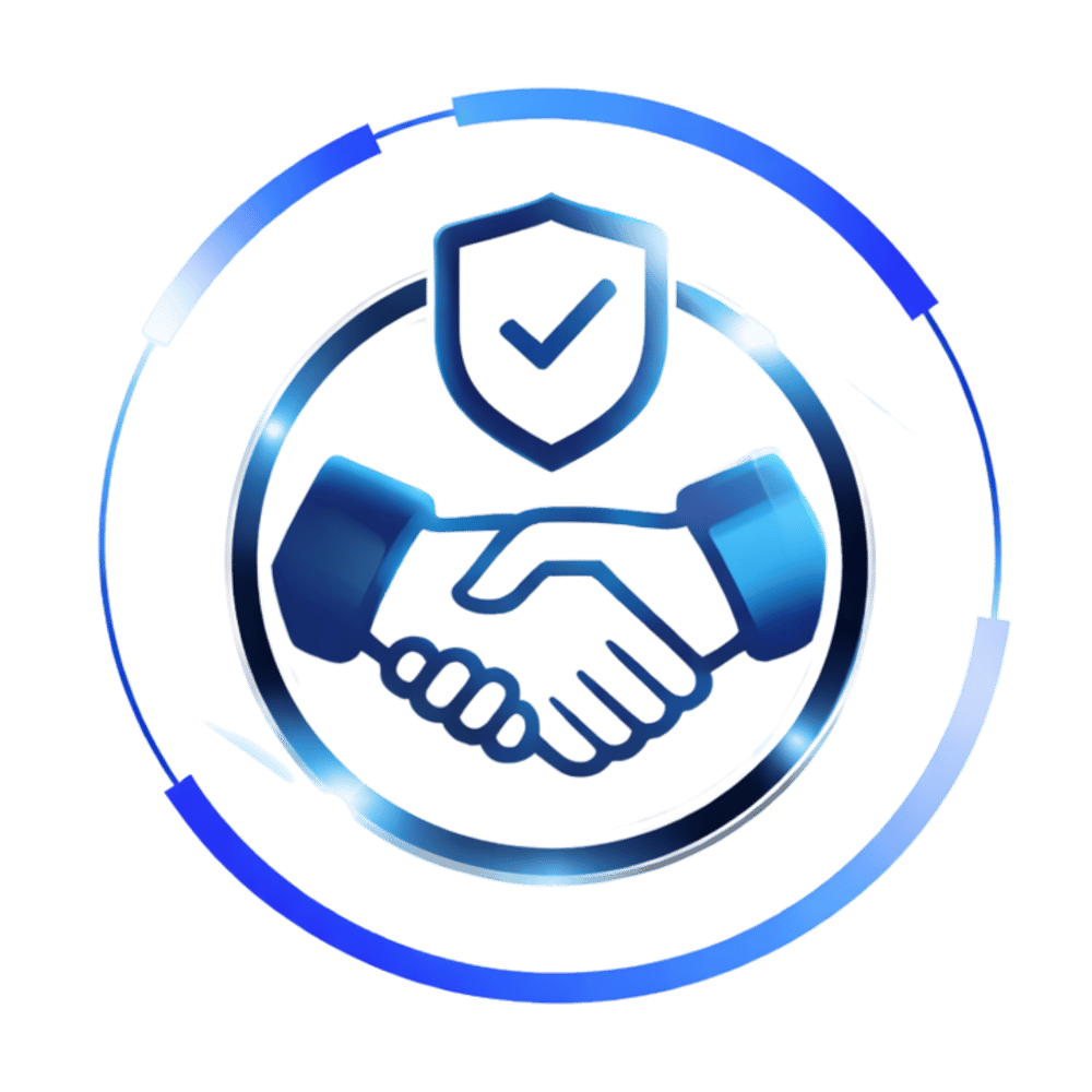 Blaues Icon, das einen Handschlag unter einem Schild mit Häkchen in einem Kreis darstellt.