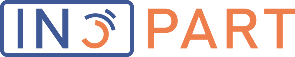 IN PART Logo, "IN" in Blau mit "O" und Wi-Fi-Symbol, gefolgt von "PART" in Orange.