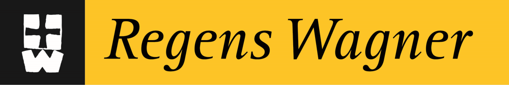 Logo mit weißem RW auf schwarzem Quadrat und dem Text "Regens Wagner" auf gelbem Hintergrund.