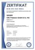 Zertifikat DIN EN ISO 9001 für GEIGER CNC Präzision GmbH & Co. KG, gültig bis 24.09.2025, mit Unterschrift.