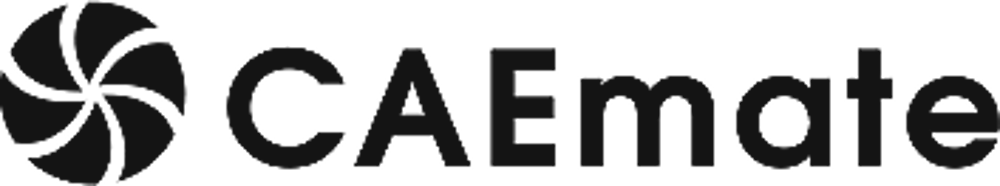 Logo von CAEmate mit einem spiralförmigen Wirbel auf der linken Seite.