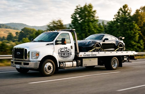 Flatbed towing service transporting a sports car in Cuyahoga Ohio